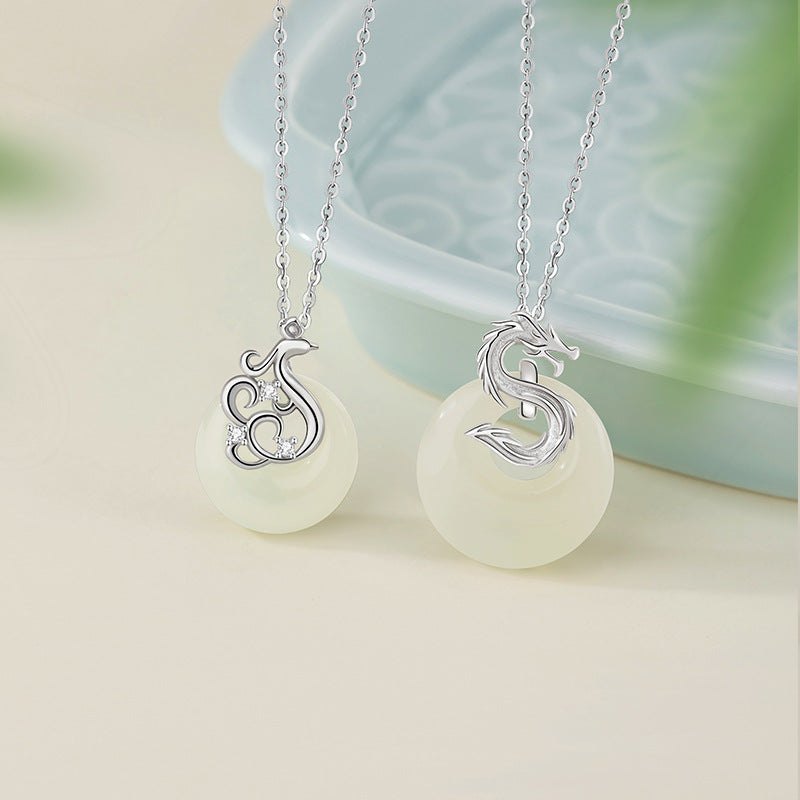 Original S925 Sterling Silver Dragon and Phoenix Couple Necklace Mori Hetian Jade Princess Buckle Pendant Birthday Valentine's Day Gift