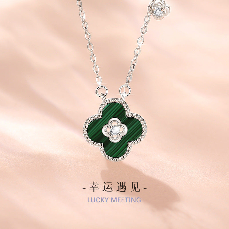 Lucky Clover Sterling Silver 925 Necklace Female Niche Design Light Luxury Peacock Clavicle Chain Ins Flower Pendant