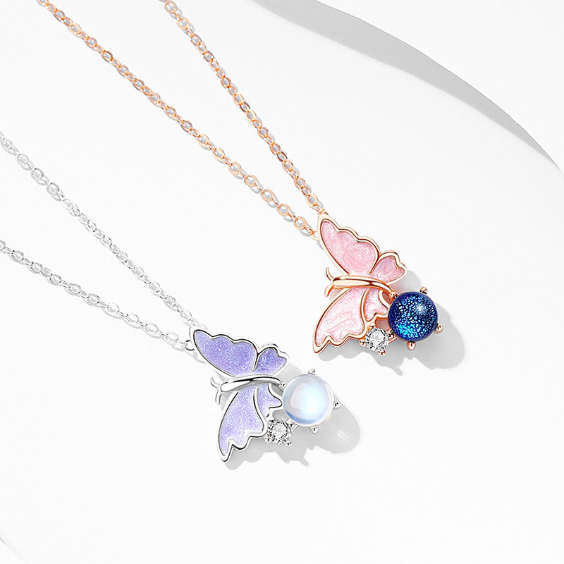 Original Design Butterfly Necklace Female 925 Silver Mori Style Valentine's Day Niche Personality Glaze Ins Cute Pendant