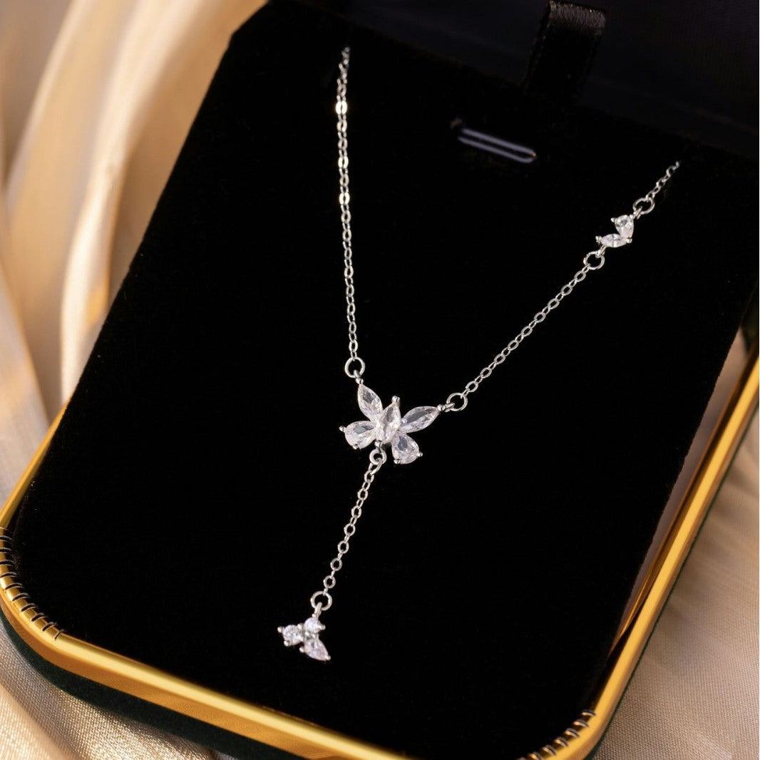Butterfly Sterling Silver 925 Necklace Female Niche Design Light Luxury Zircon Tassel Clavicle Chain Small Red Book Same Pendant