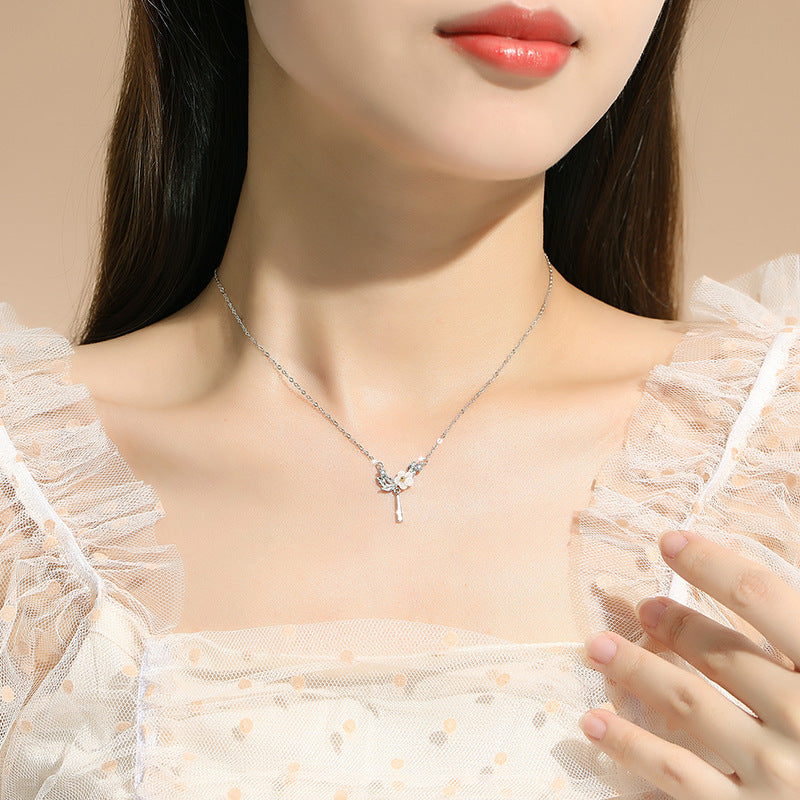 Cherry Blossom Sterling Silver 925 Necklace Female Niche Design Light Luxury Zircon Tassel Clavicle Chain Get Things Ins Flower Pendant