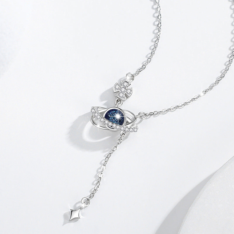 Planet Sterling Silver 925 Necklace Women's Fashion All-Match Saturn Clavicle Chain Goods Ins Style Glazed Stone Star Pendant
