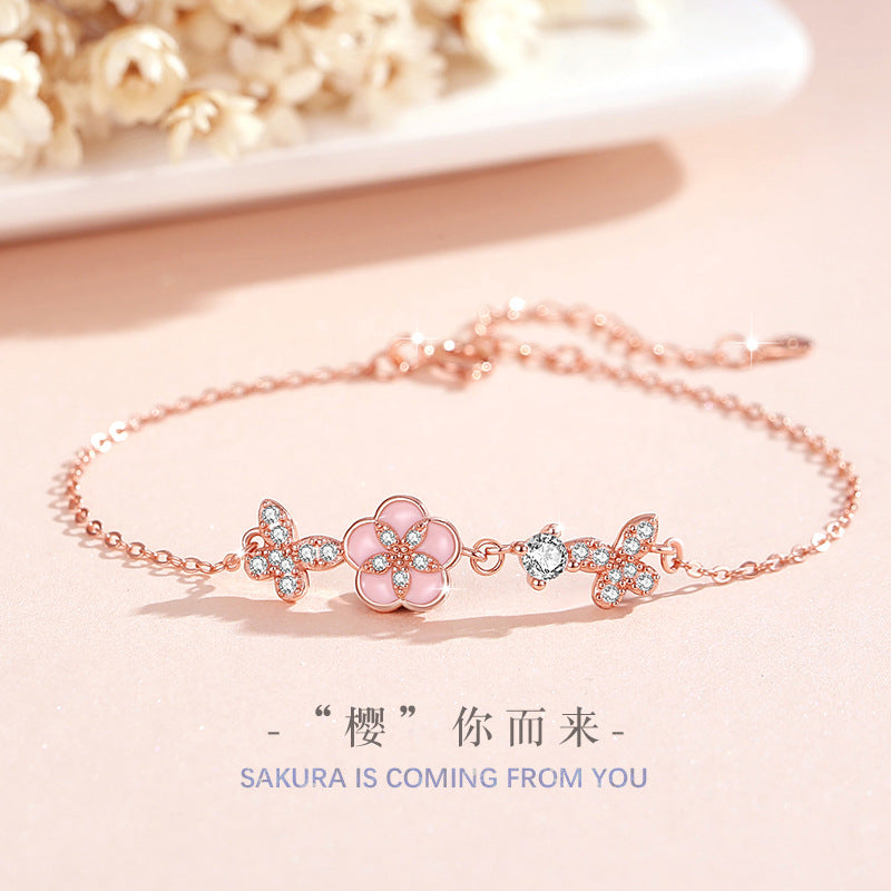 Sterling Silver Butterfly and Peach Blossom Bracelet – Zircon Accents