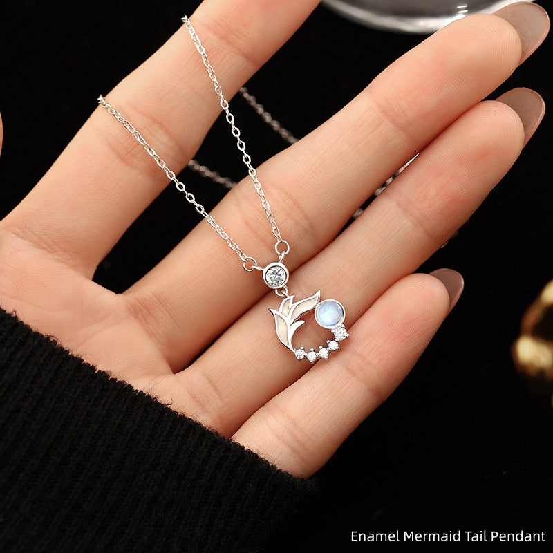 Luminous Enamel S925 Sterling Silver Necklace Mermaid Garland Moonstone Pendant Niche Girlfriends Clavicle Chain Gift for Women