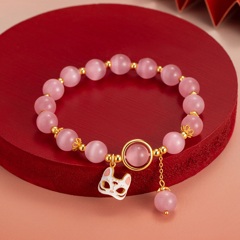 Fox Mask Sterling Silver 925 Bracelet Female Sweet Cute Pink Opal Bracelet Ins Style Fox Fairy Bracelet