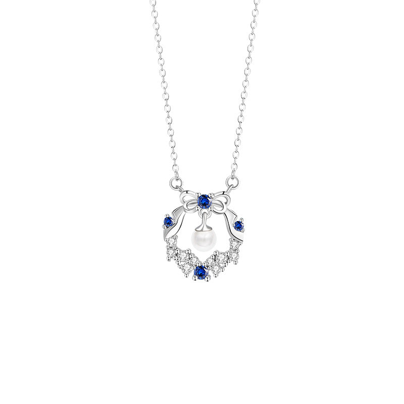 Bowknot Sterling Silver 925 Necklace Female Niche Design Light Luxury Pearl Bell Clavicle Chain Ins Style Garland Pendant