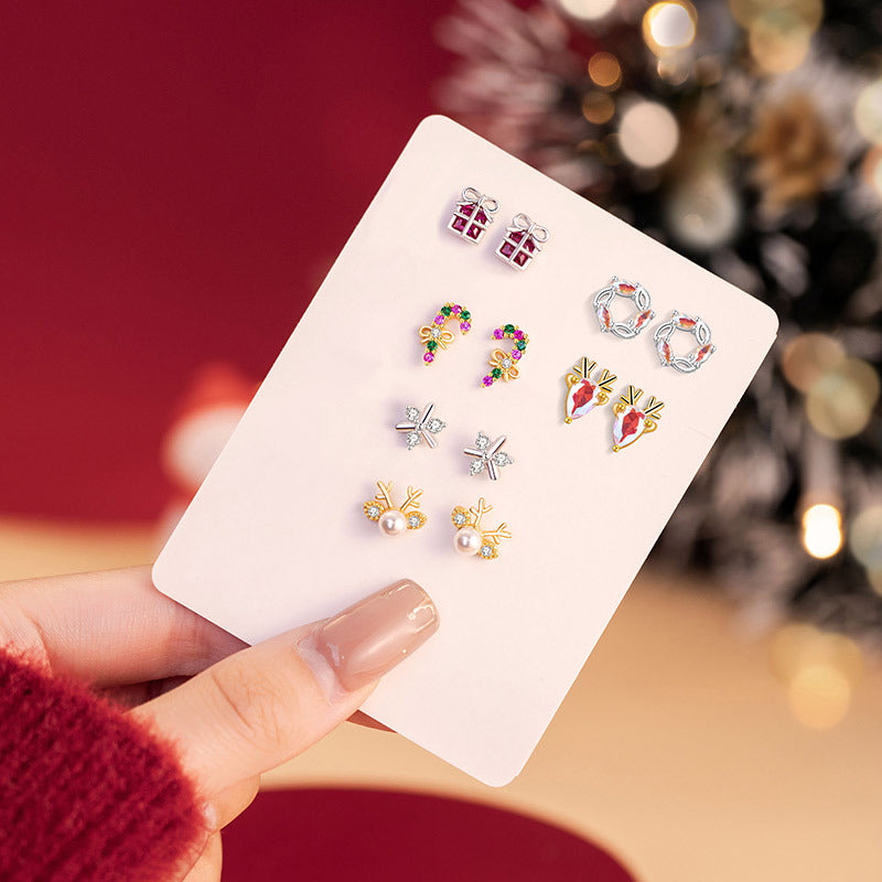 Christmas Week Sterling Silver 925 Stud Earrings Light Luxury High-Grade Elk Snowflake Series Earrings Cross-Border Bow Earrings