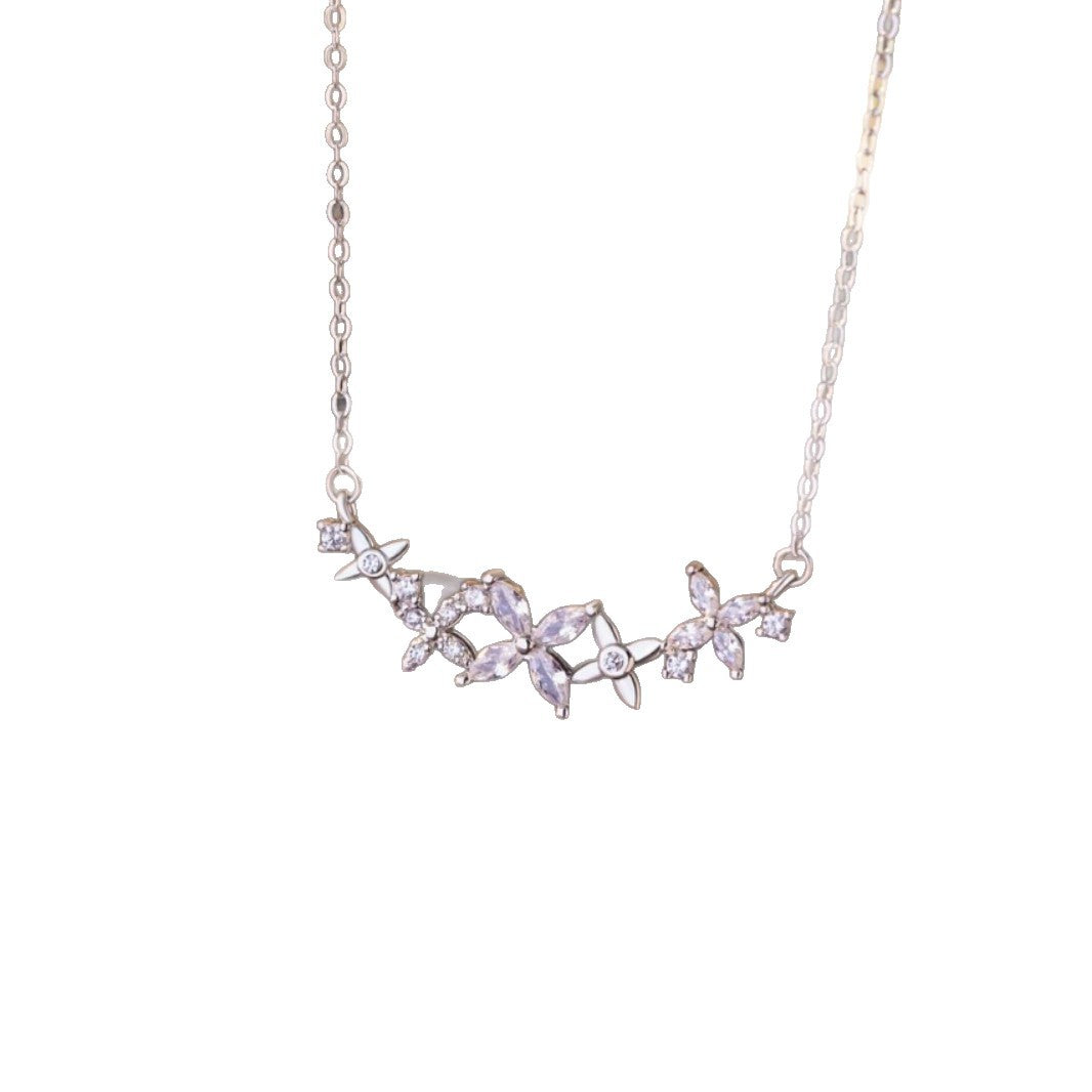 Butterfly Sterling Silver 925 Necklace Women's Fashion Versatile Zircon Flower Clavicle Chain Ins Style Lucky Clover Pendant
