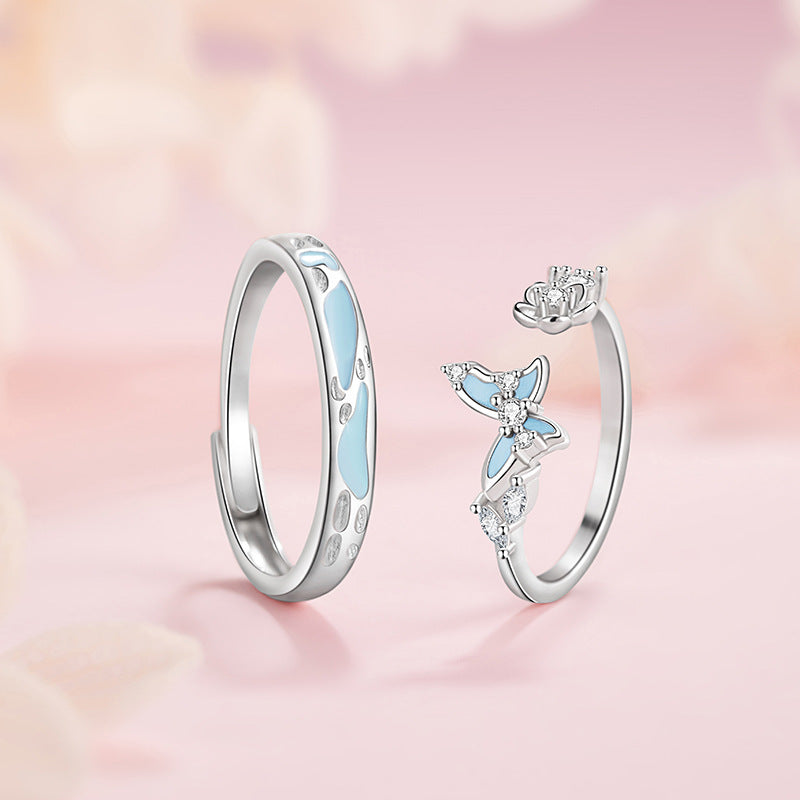 Butterfly Sterling Silver 925 Luminous Couple Ring Niche Design Light Luxury Flower Ring Ins Style Peach Blossom Ring