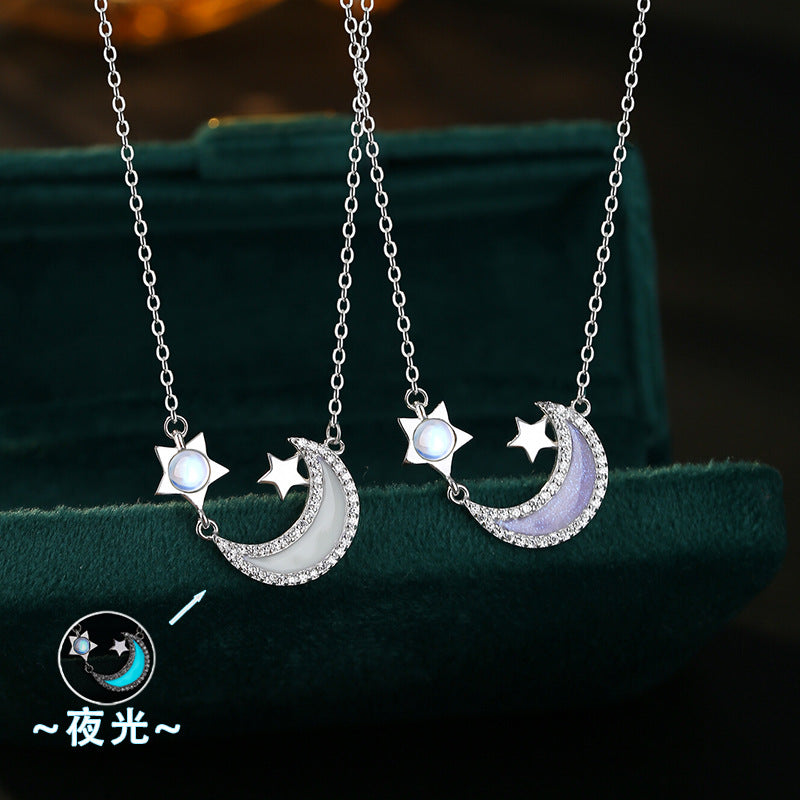 Original Design Enamel Craft Luminous S925 Sterling Silver Necklace Colored Glaze Moonstone Niche Simple Star Moon Clavicle Chain