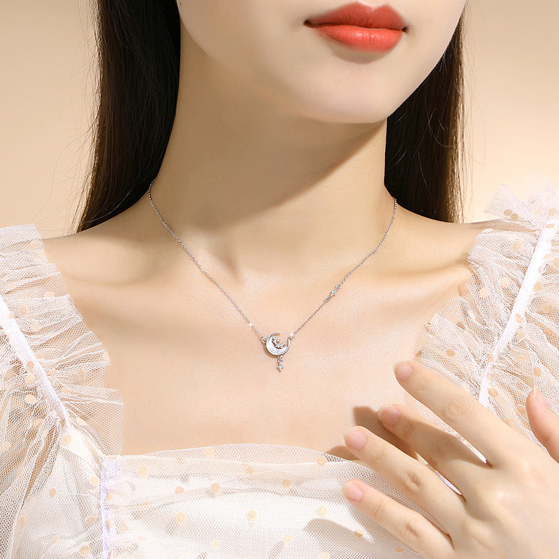 Star Moon Sterling Silver 925 Necklace Female Niche Design Light Luxury Tassel Clavicle Chain Get Things Ins Zircon Pendant