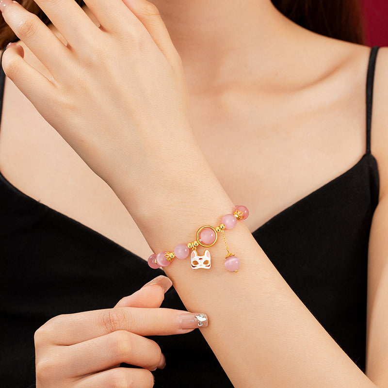 Fox Mask Sterling Silver 925 Bracelet Female Sweet Cute Pink Opal Bracelet Ins Style Fox Fairy Bracelet
