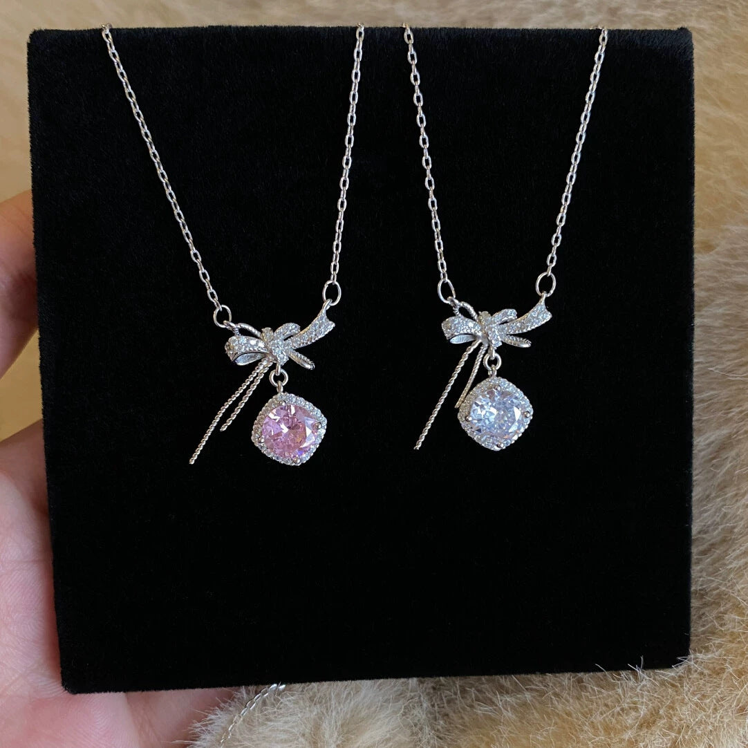 Bowknot Sterling Silver 925 Necklace Female Cute Sweet Style Zircon Clavicle Chain Ins Valentine's Day Cube Sugar Line Pendant
