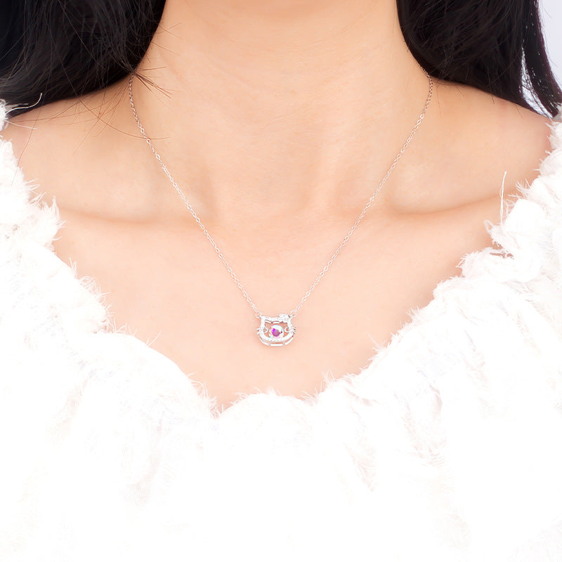 S925 Sterling Silver Smart Hello Kitty Necklace Beating Colorful Zircon Pendant Cross-Border Special for Cute Girl Jewelry