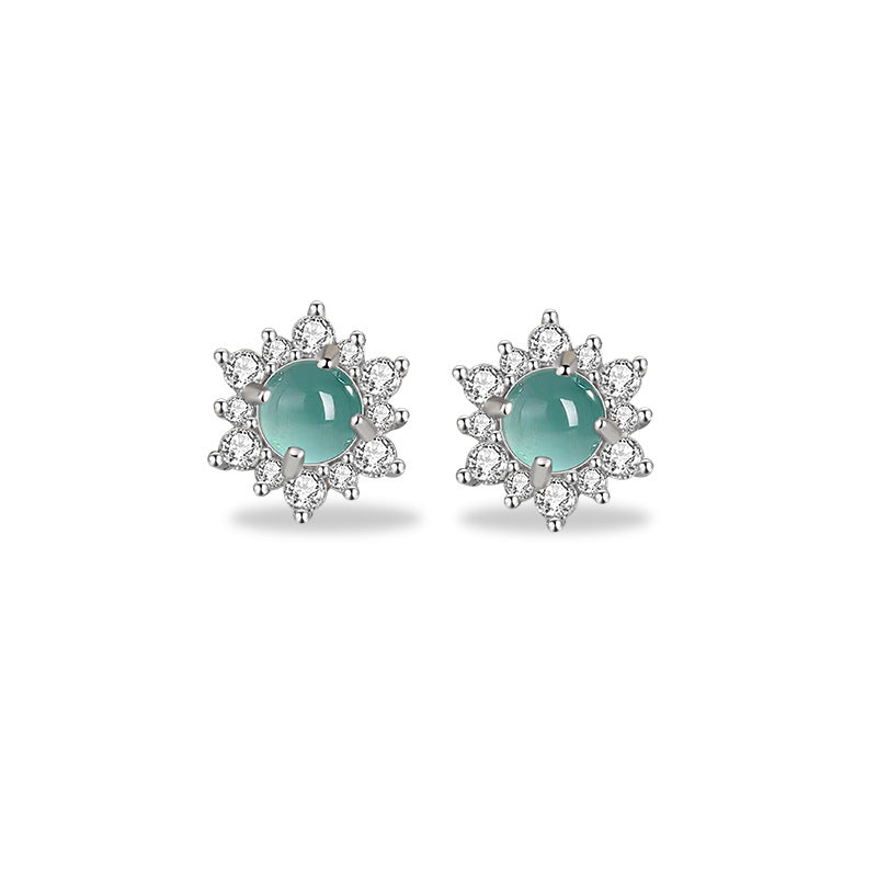 Sunflower Sterling Silver 925 Ring Women's Light Luxury High-Grade Natural Blue Water Dangerous Material Jade Earrings Ins Flower Earrings