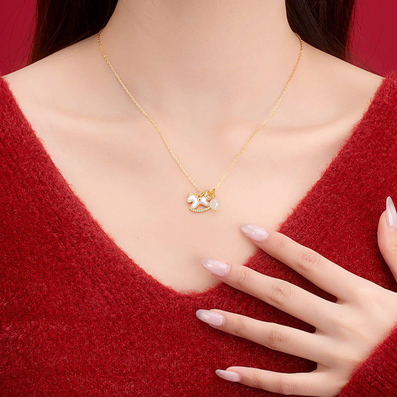 Immediately Rich Flower Sterling Silver 925 Necklace Women's High-Grade White Fritillary Birth Year Clavicle Chain Chalcedony Zodiac Pendant