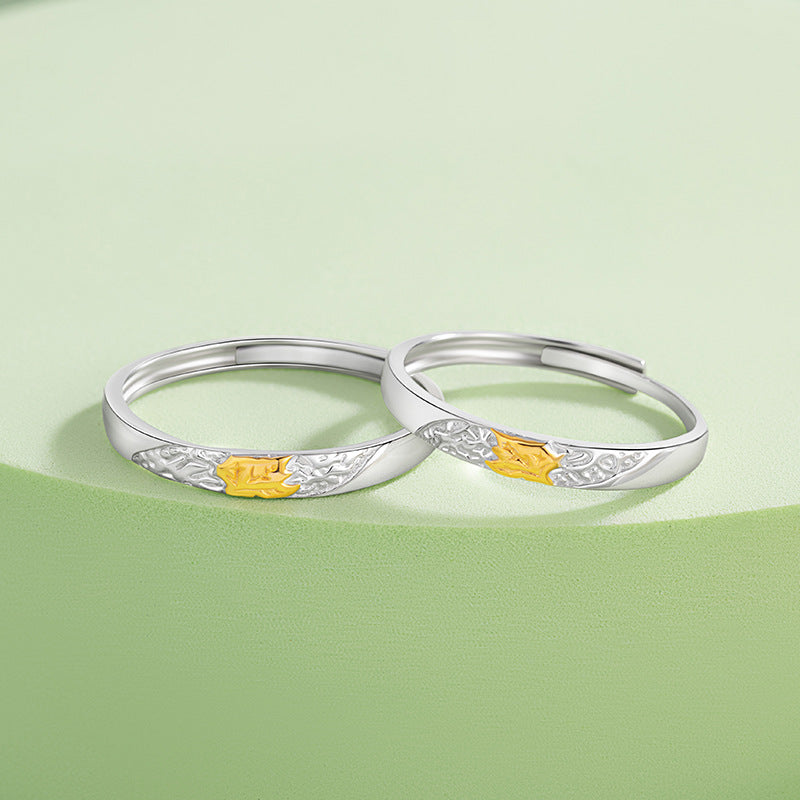Wutong Sterling Silver 925 Couple Ring Niche Design Light Luxury Texture Sense Plain Ring Ins Style Ginkgo Leaf Ring