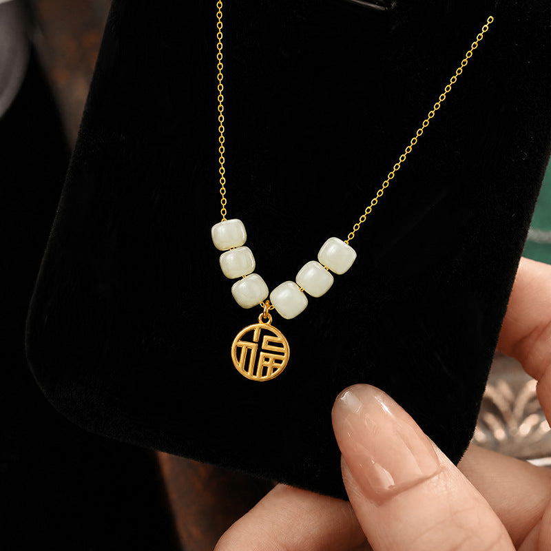 New Chinese Style Hetian Jade Lucky Brand S925 Sterling Silver Necklace Women's Double Tassel National Style Jade Clavicle Chain Silver Jewelry Factory