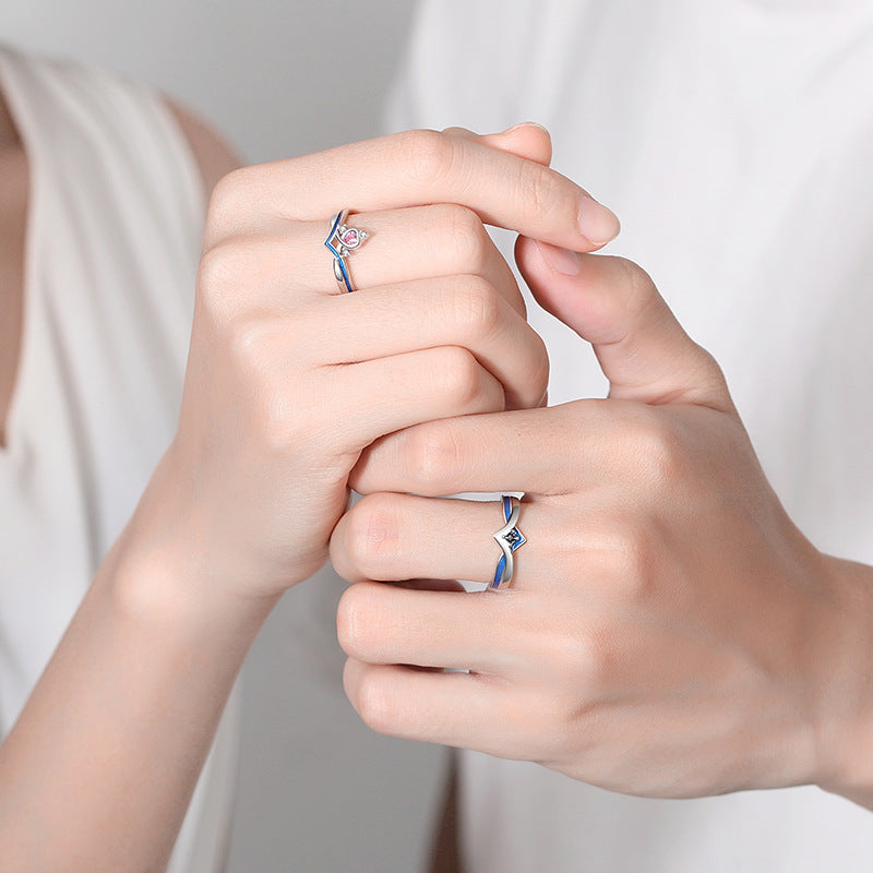 Princess and Knight Sterling Silver 925 Couple Ring Light Luxury High-Grade Love Ring Ins Style Crown Zircon Ring