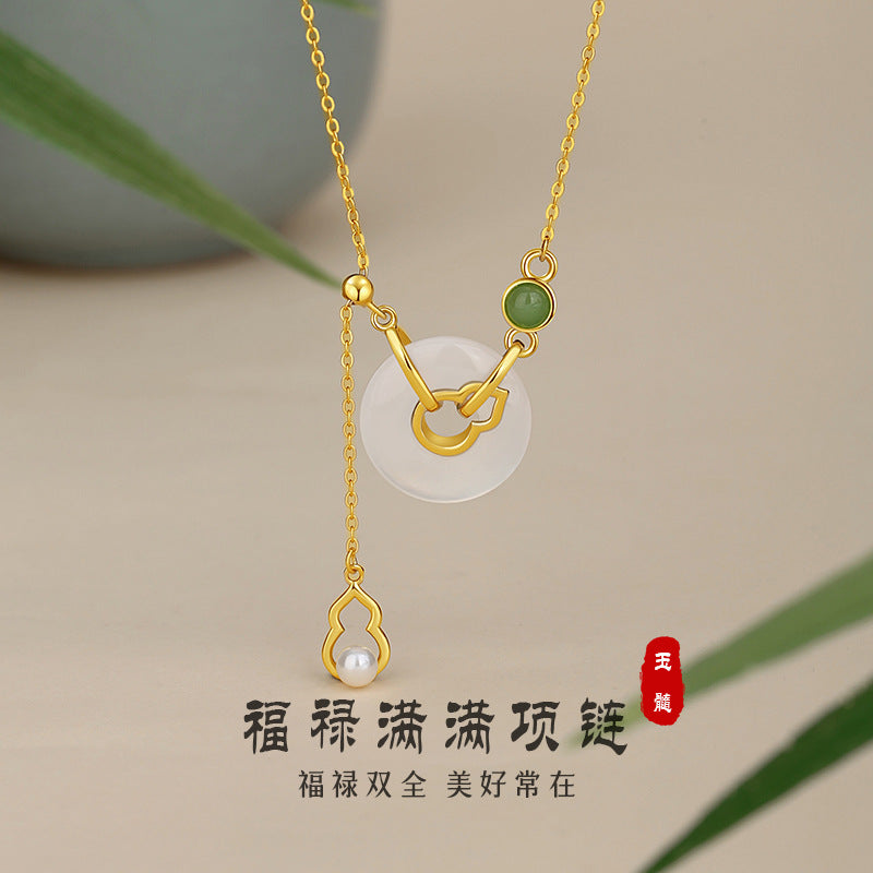 Fu Lu Double Full Sterling Silver 925 Chalcedony Necklace National Fashion Pearl Gourd Clavicle Chain Peace Buckle Hetian Jasper Pendant