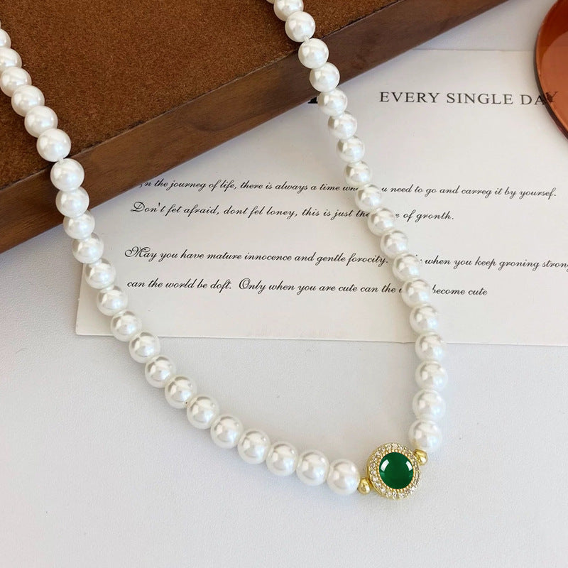 Natural Freshwater Pearl Sterling Silver 925 Necklace Light Luxury High-Grade Green Chalcedony Clavicle Chain Mother's Day Gift Pendant