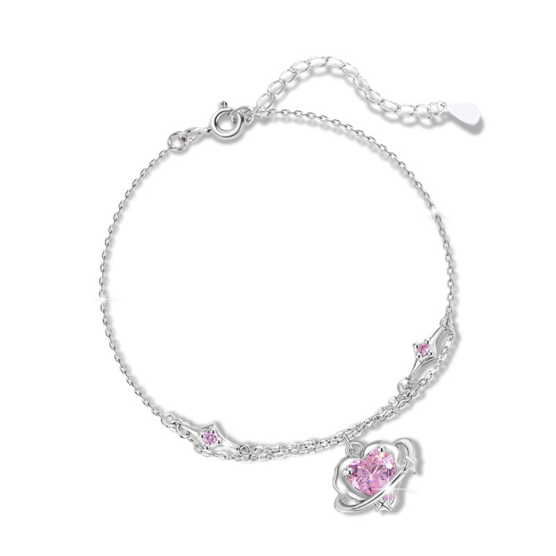 Lovely Sterling Silver 925 Bracelet Female Niche Design Light Luxury Star Pink Diamond Bracelet Qixi Ins Style Planet Bracelet