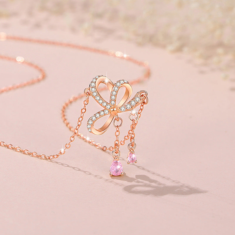 Bowknot Sterling Silver 925 Necklace Women's Fashion All-Match Love Clavicle Chain, INS Style Zircon Tassel Pendant