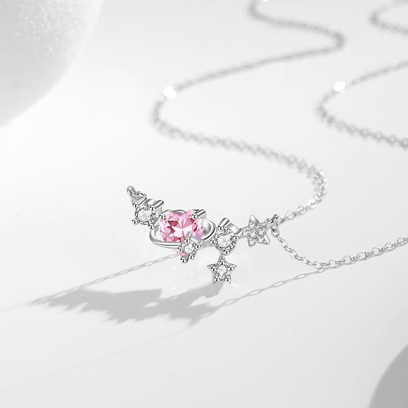 Sterling Silver Planet and Star Necklace – Pink Zircon
