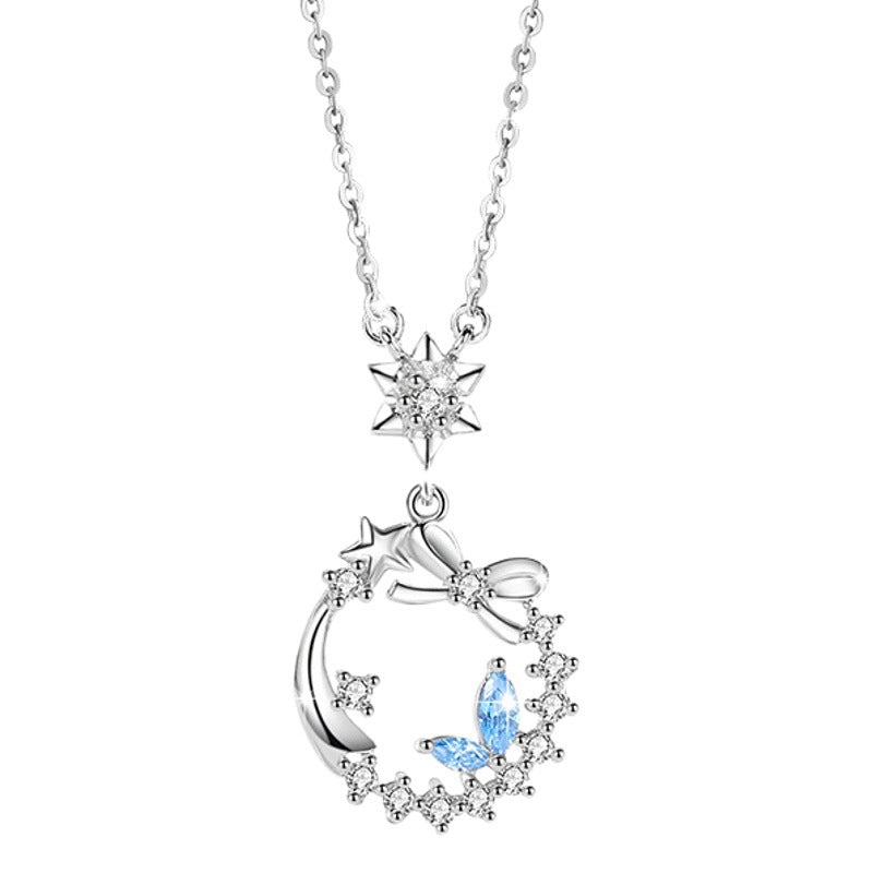 Bowknot Sterling Silver 925 Necklace Female Niche Design Light Luxury Zircon Clavicle Chain Get Things Ins Style Star Pendant