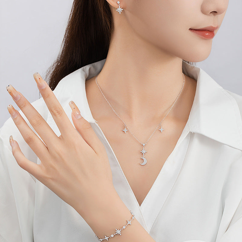 Moon Sterling Silver 925 Necklace Female Niche Design Light Luxury Tassel Zircon Clavicle Chain Ins Style Star Pendant