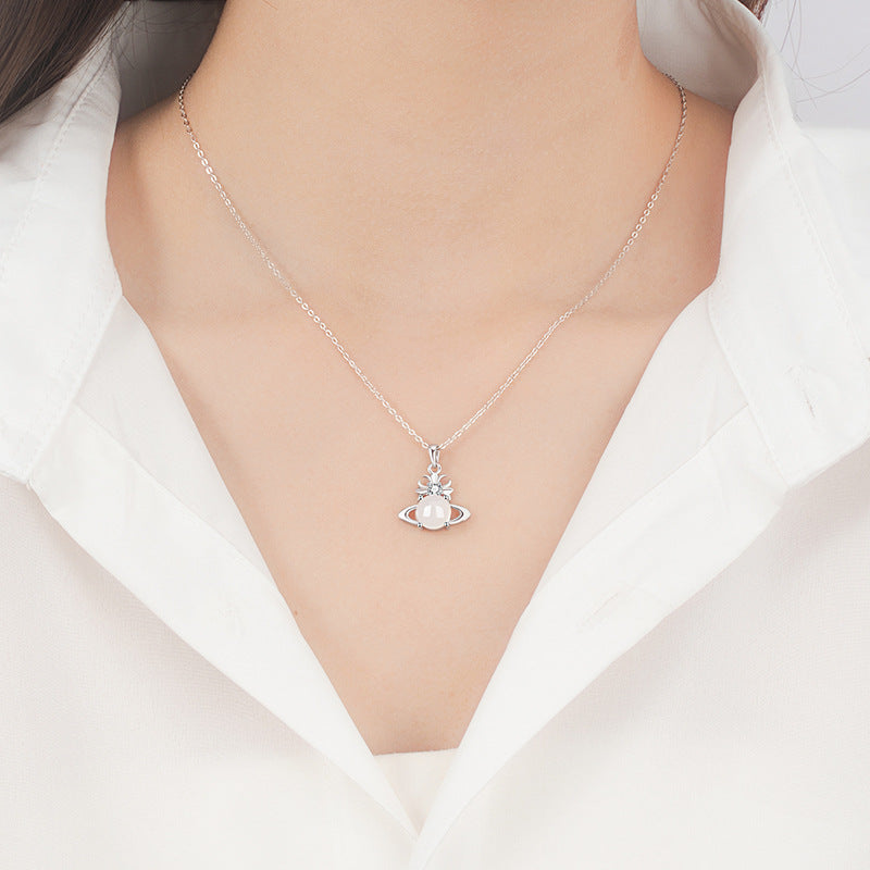Fantasy Saturn Sterling Silver 925 Necklace Women's Light Luxury High-Grade Chalcedony Planet Clavicle Chain Ins Style Star Pendant