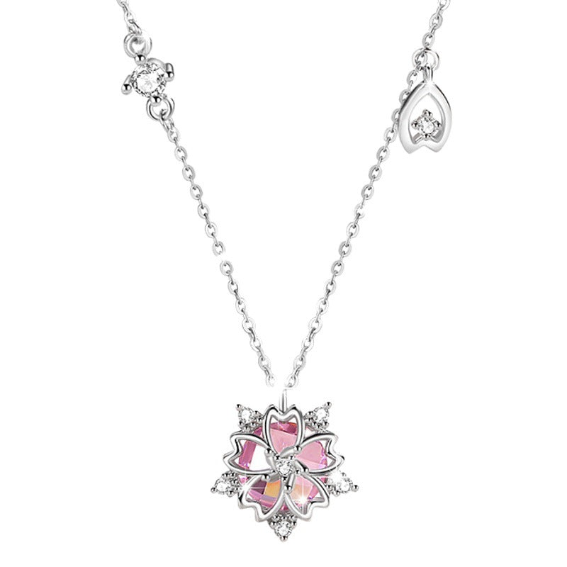 Cherry Blossom Sterling Silver 925 Necklace Female Niche Design Light Luxury Pink Zircon Clavicle Chain Get Things Ins Style Pendant