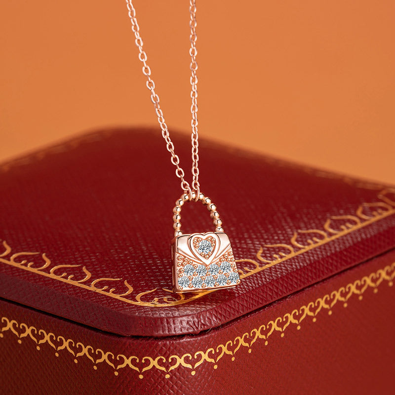 Love Bag Sterling Silver 925 Necklace Female Niche Design Light Luxury Zircon Clavicle Chain Ins Heart Lock Pendant