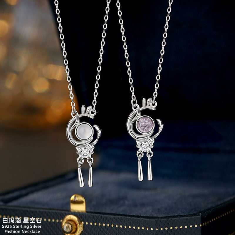 S925 Sterling Silver Natural White Agate Necklace Women's New Chinese Tassel Leaf Clavicle Chain MORI National Style Pendant Silver Jewelry