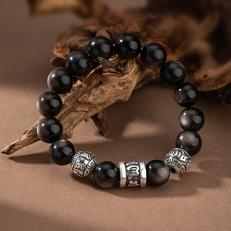 Six-Word Proverb Pure Silver 999 Bracelet Niche Design Light Luxury Natural Silver Stone Bracelet Six-Word Mantra Bracelet