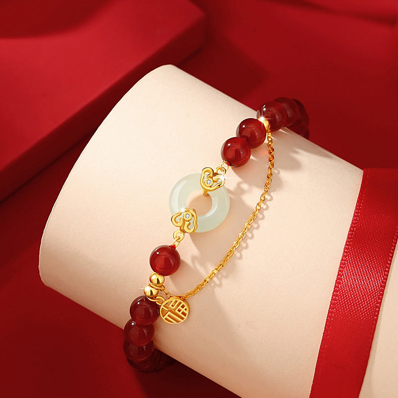 Xiangyun Hetian Jade Sterling Silver 925 Bracelet Women's Light Luxury Lucky Brand Red Agate Bracelet Ins Style Safety Buckle Bracelet