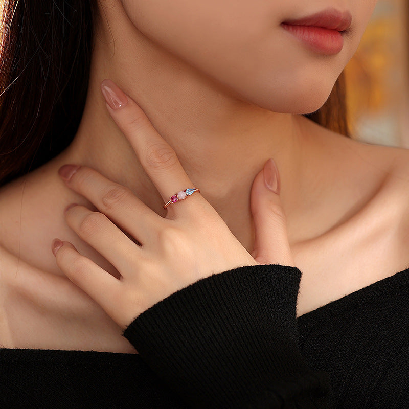 Girl Heart Gentle Style Korean Style Ring S925 Silver Inlaid Glass Stone Zircon Niche Fashion Adjustable Ring