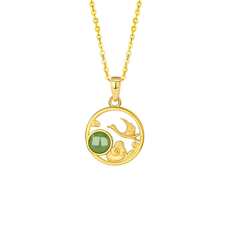 Crane Sterling Silver 925 Hetian Jade Necklace Women's National Fashion Classical Style Auspicious Cloud Clavicle Chain Ins New Chinese Style Pendant