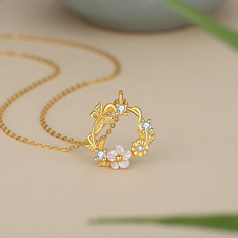 Butterfly Sterling Silver 925 Necklace Female Niche Design Light Luxury Peach Blossom Shell Clavicle Chain Ins Style Cherry Blossom Pendant