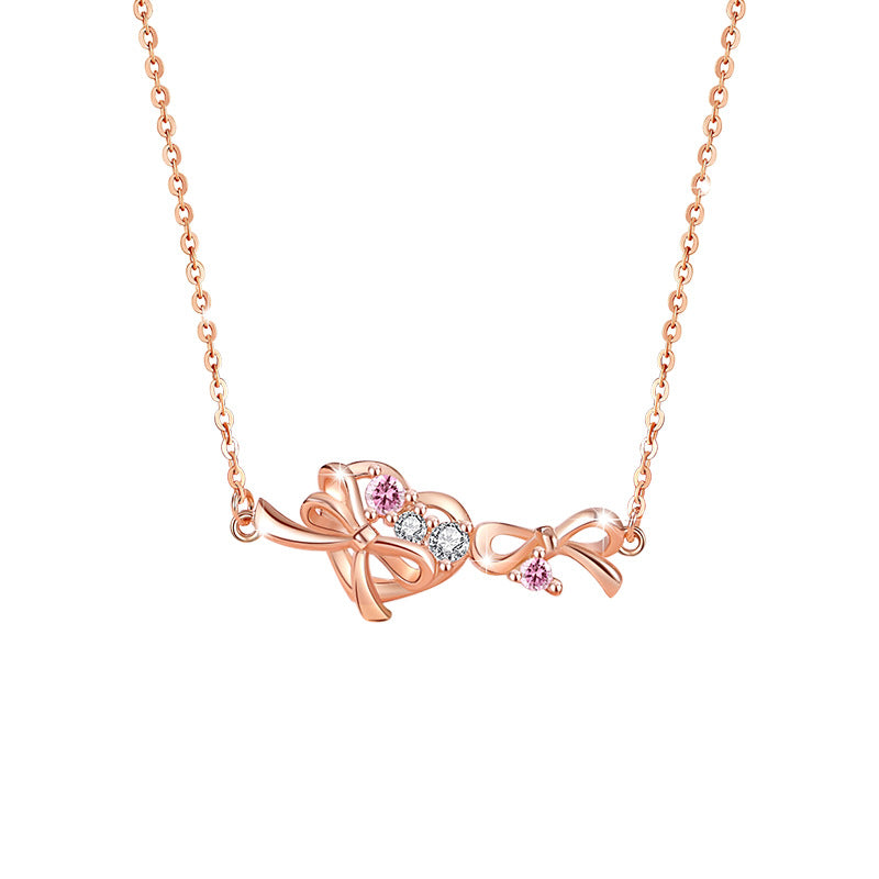 Bowknot Sterling Silver 925 Necklace Female Niche Design Light Luxury Zircon Clavicle Chain Get Things Ins Style Love Pendant