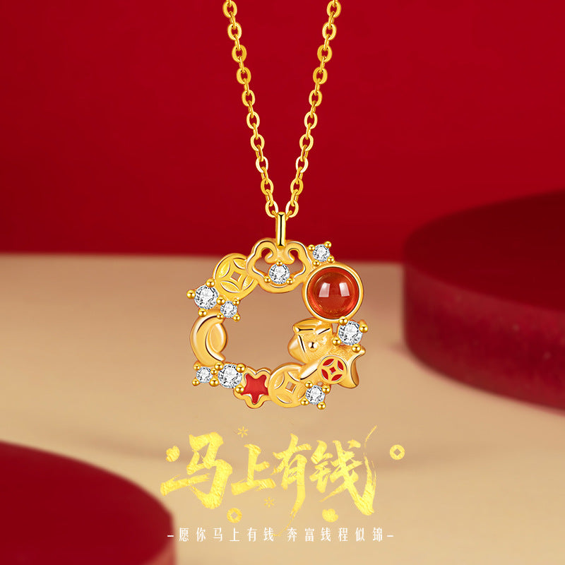 Immediately Rich Flower Sterling Silver 925 Necklace Female New Chinese Red Agate Lucky Clavicle Chain Zodiac Pendant