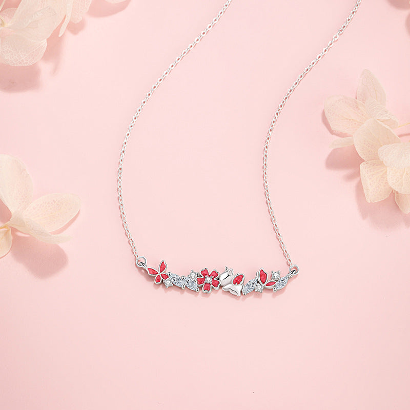 Butterfly Sterling Silver 925 Necklace Female Sweet Cute Style Peach Blossom Zircon Clavicle Chain Small Red Book Same Style Flower Pendant