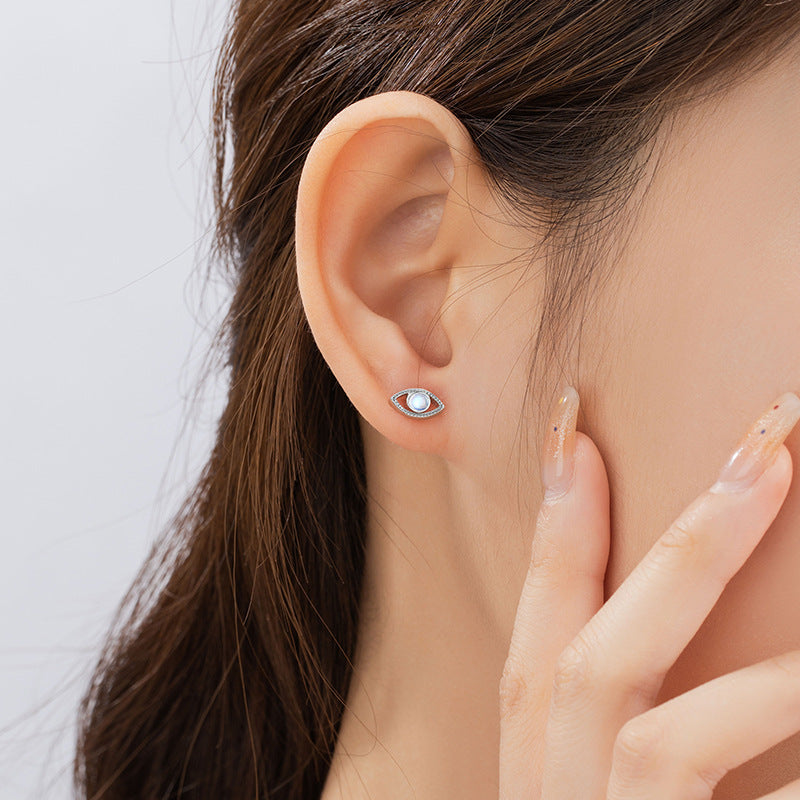Devil's Eye Sterling Silver 925 Stud Earrings Female Niche Design Light Luxury Moonstone Earrings Ins Style Eye Earrings