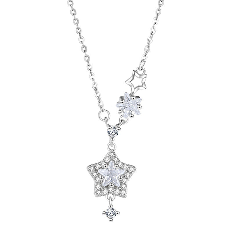 Star Sterling Silver S925 Necklace Women's Fashion All-Match Zircon Five-Pointed Star Clavicle Chain Ins Style Meteor Shower Pendant