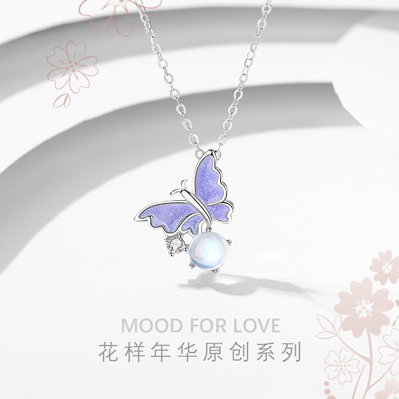 Original Design Butterfly Necklace Female 925 Silver Mori Style Valentine's Day Niche Personality Glaze Ins Cute Pendant