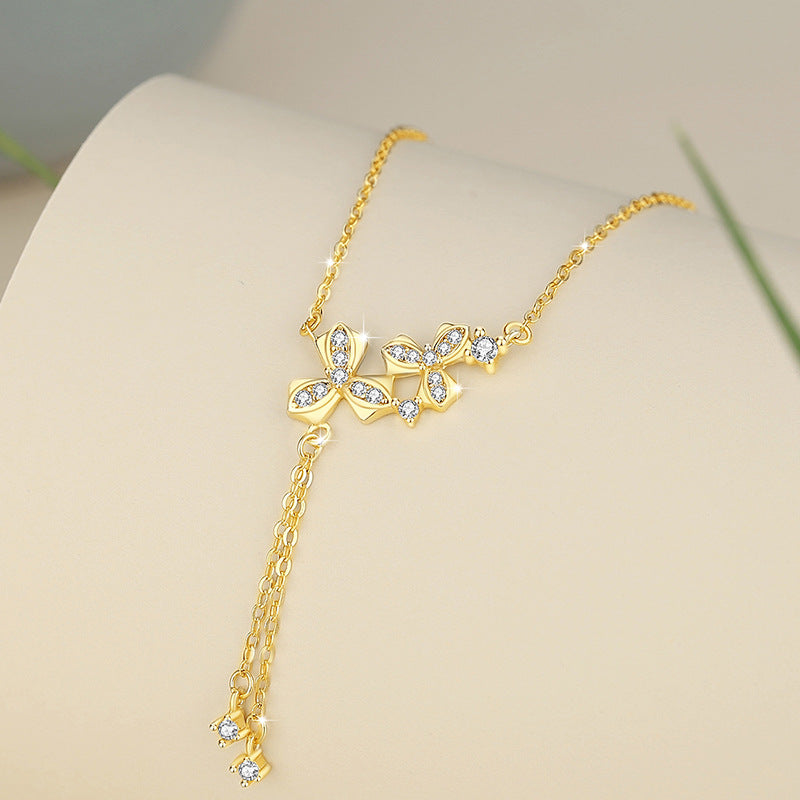 Flowers like Brocade Sterling Silver 925 Necklace Female Niche Design Light Luxury Zircon Tassel Clavicle Chain Ins Flower Pendant