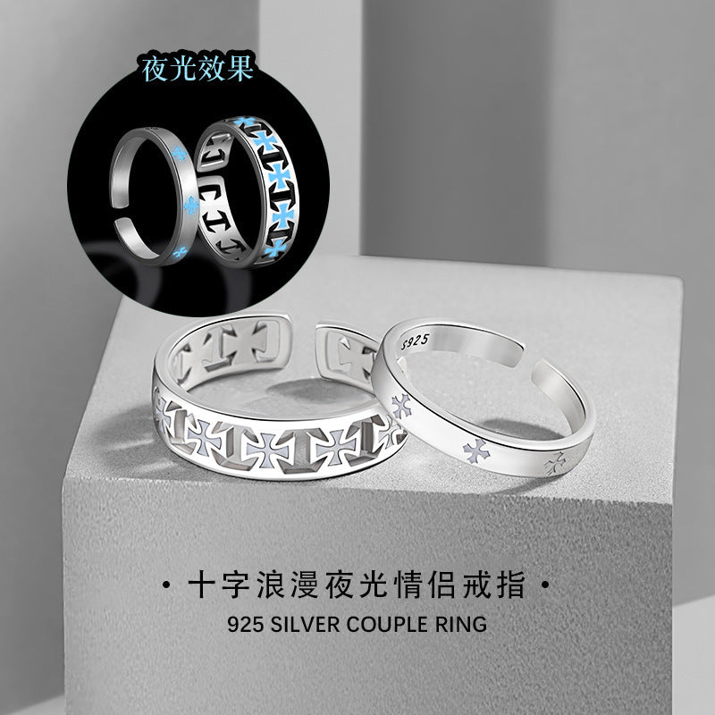 Luminous Sterling Silver Cross and Star Ring