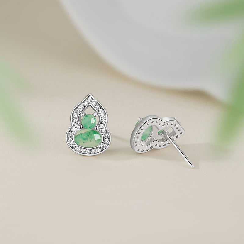 Fu Lu Double Full Sterling Silver 925 Stud Earrings Female Niche Design Light Luxury Natural African Emerald Earrings Ins Gourd Earrings