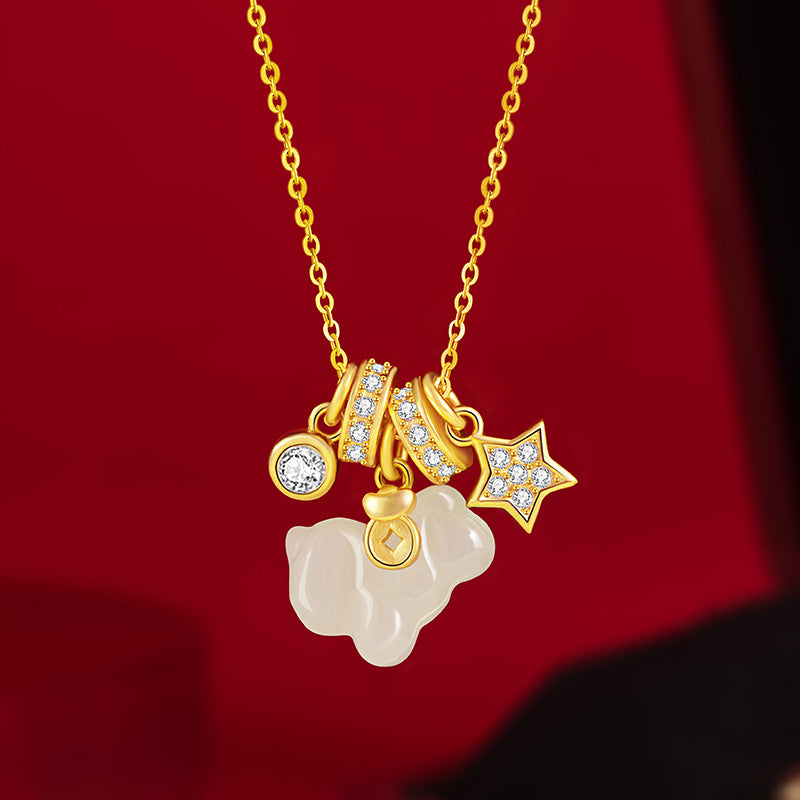 Halskette aus 925er Sterlingsilber – Blüte und Stern und Hetian-Jade