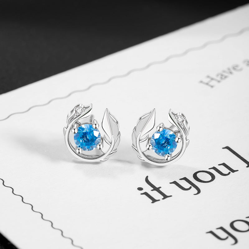 Yu You Accompany Sterling Silver 925 Stud Earrings Women's Fashion Versatile Blue Zircon Earrings Ins Style Light Luxury Feather Earrings